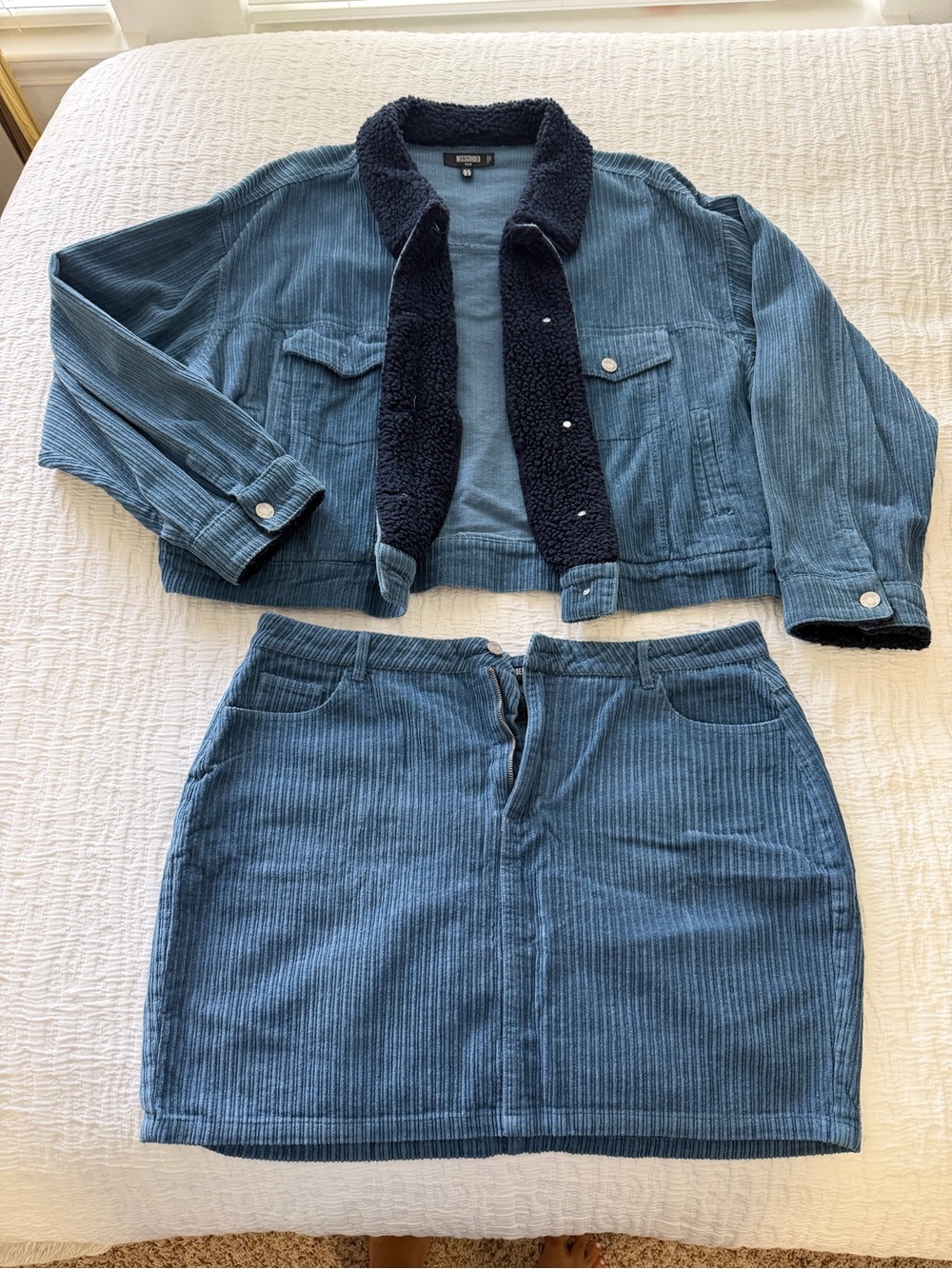 Missguided Corduroy Skirt Set Blue with Navy Sherpa Trim Size 16 Cotton